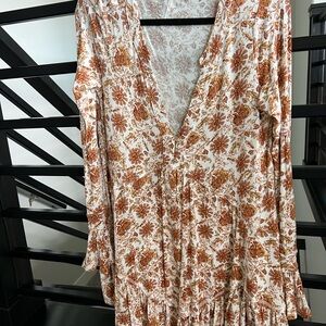 Free People Floral V-Neck Blouse - Rust and White